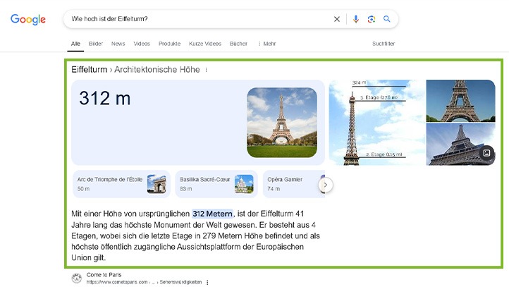 Direktantworten Beispiel: Wie hoch ist der Eiffelturm?