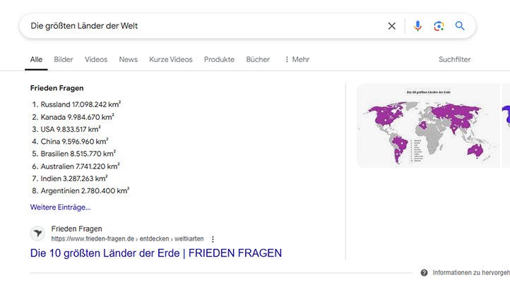 Featured Snippet Beispiel: Die größten Länder der Welt.