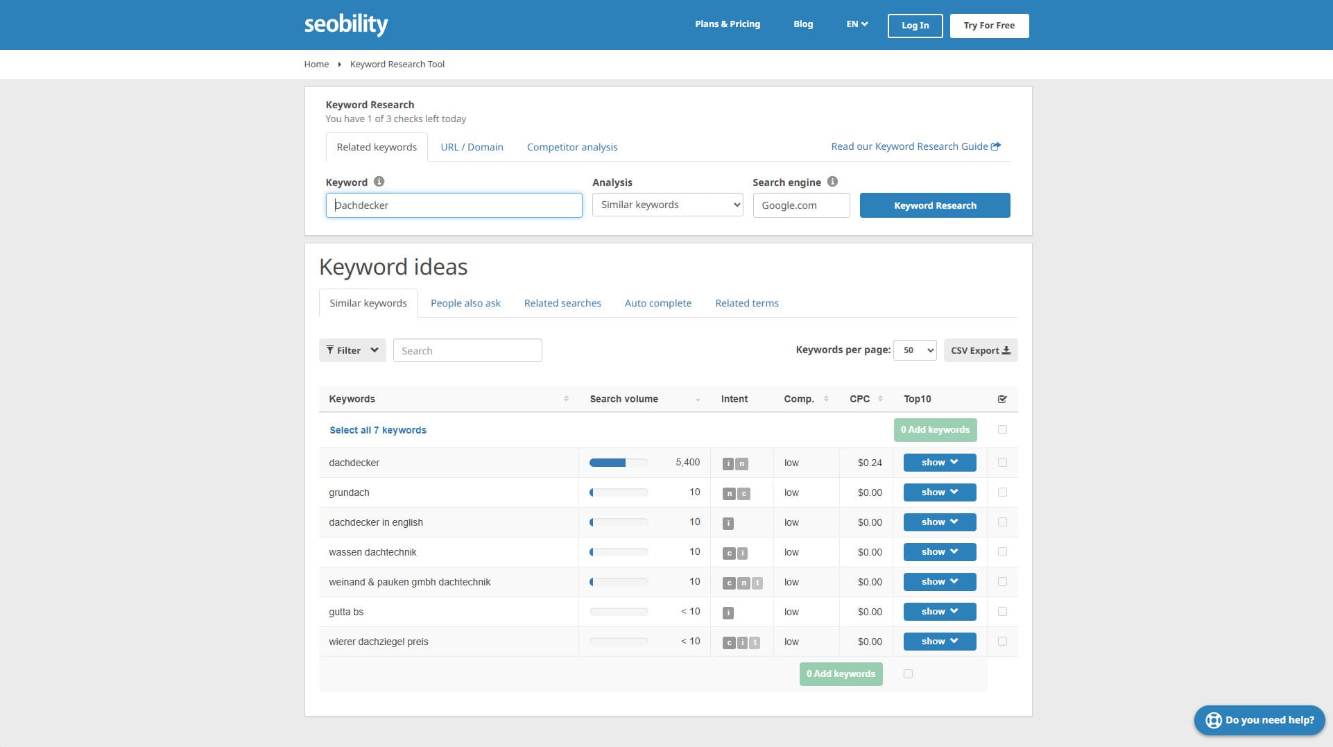 Seobility Keyword Check