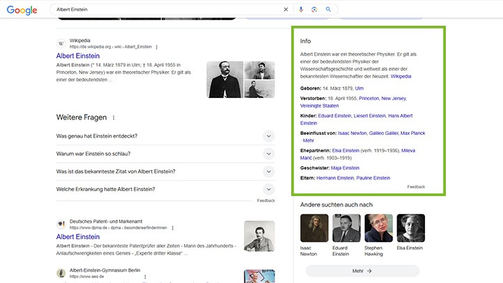 Knowledge Panel Beispiel: Albert Einstein