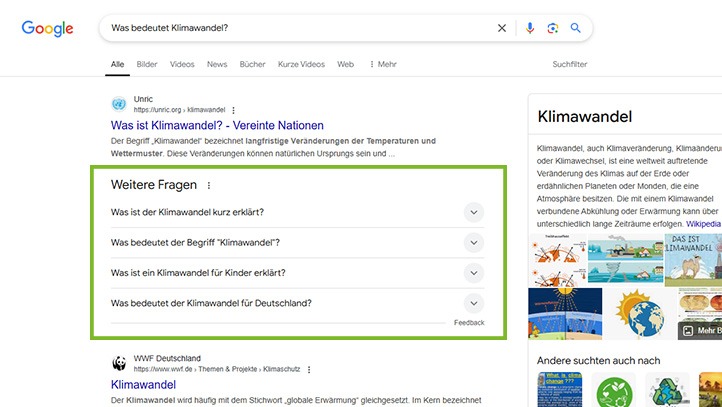People Also Ask Beispiel: Was bedeutet Klimawandel