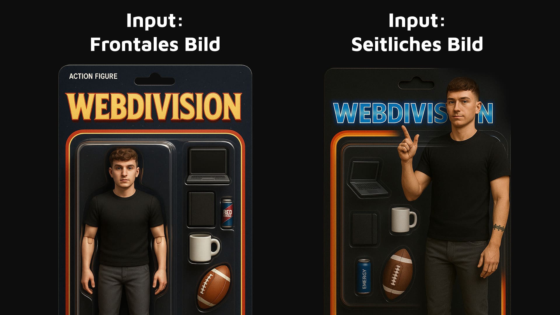 Vergleich-frontales-gegen-seitliches-Bild Vergleich der generierten Actionfigur durch Input eines frontalen Bildes und durch Input eines seitlichen Bildes einer Person