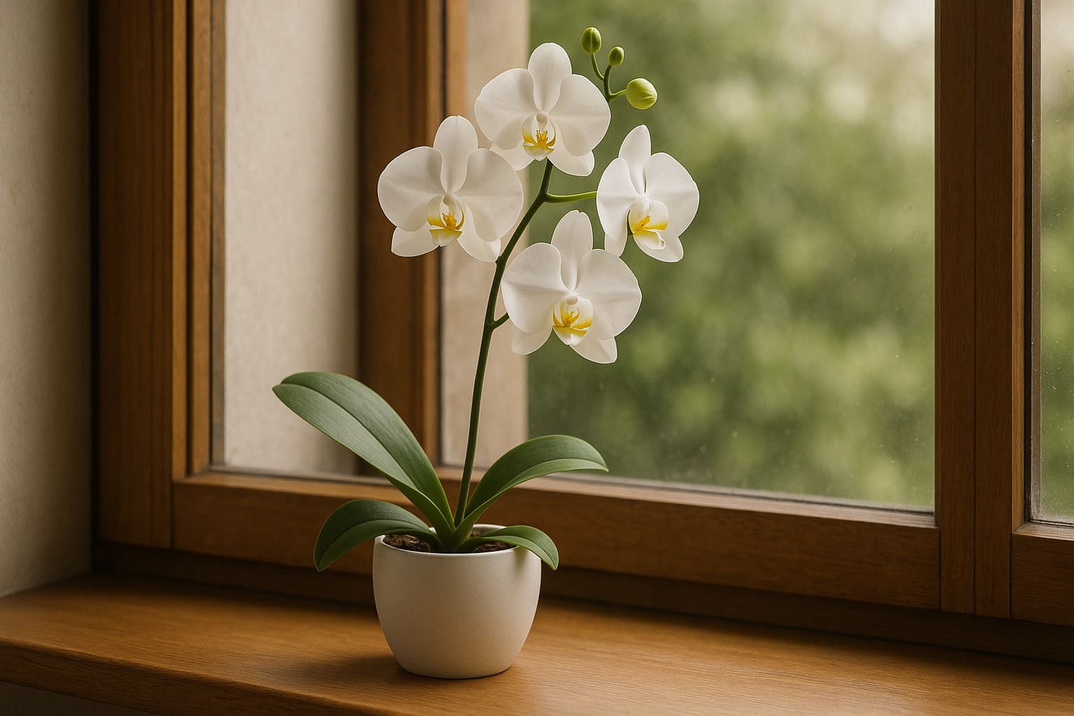 Weiße Orchidee in Keramiktopf auf Holzfensterbank